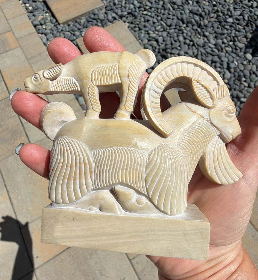Vintage Hand-Carved Stone Ram and Kid Goat Sculpture by Yuri Toibukhaa Salchakov